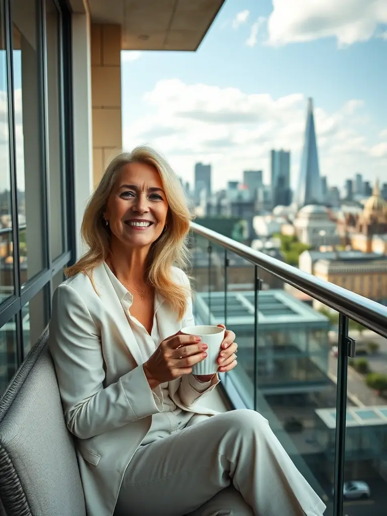 A UK business owner looking confident and relaxed, enjoying a healthy work-life balance, with a modern London skyline in the background.