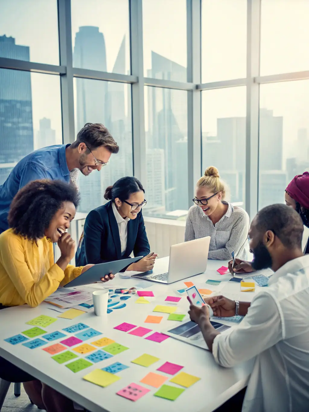 A coach facilitating a team workshop with engaged participants in a bright, professional environment, showcasing ThriveBrit's Team Building & Leadership Coaching.