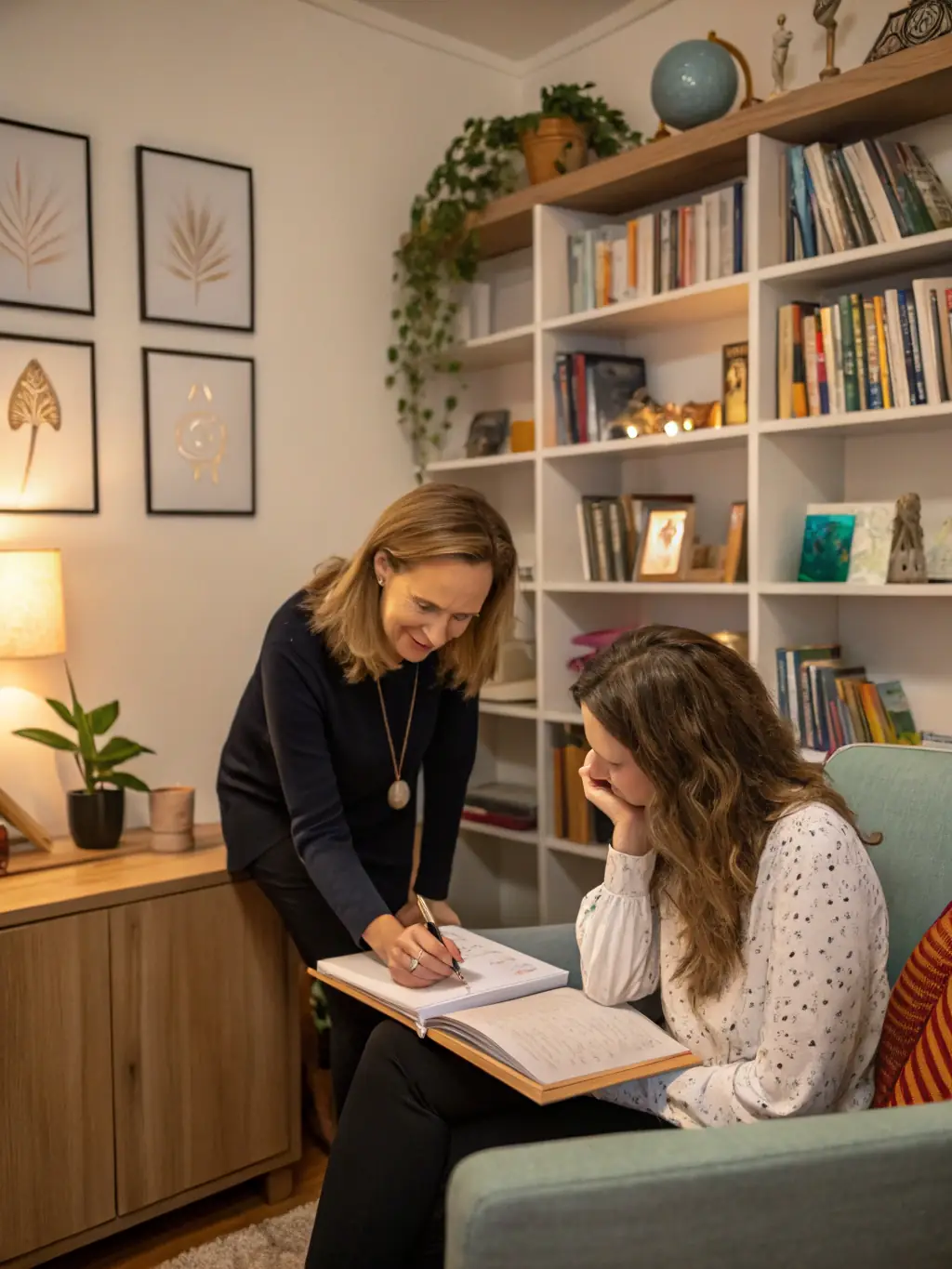 A coach guiding a client through a mindfulness or goal-setting exercise in a serene office space, illustrating ThriveBrit's Personal Thrive Techniques.