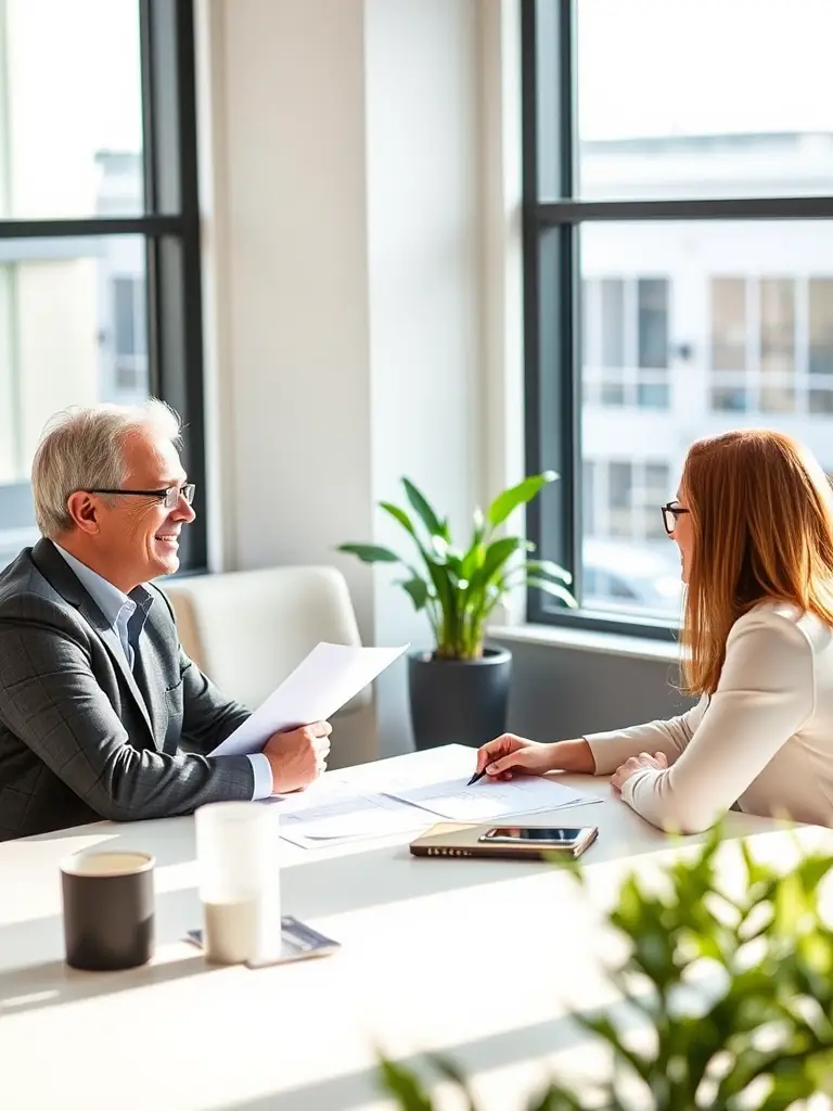 A professional UK business coach in a modern office setting, reviewing strategic plans with a client, both smiling and engaged in a positive discussion.